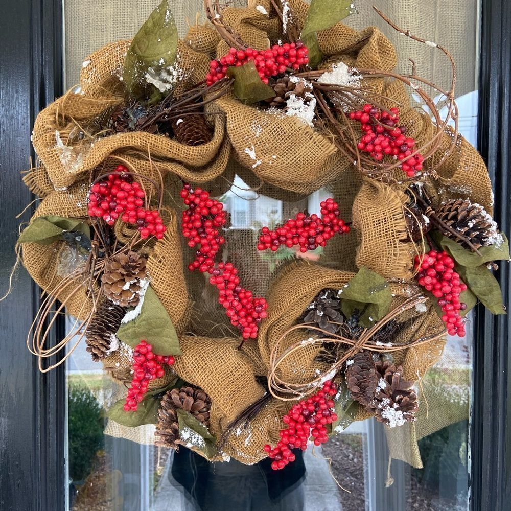 Woodland Christmas Wreath with Pinecones Burlap Twine Faux Berries FARMHOUSE 20”